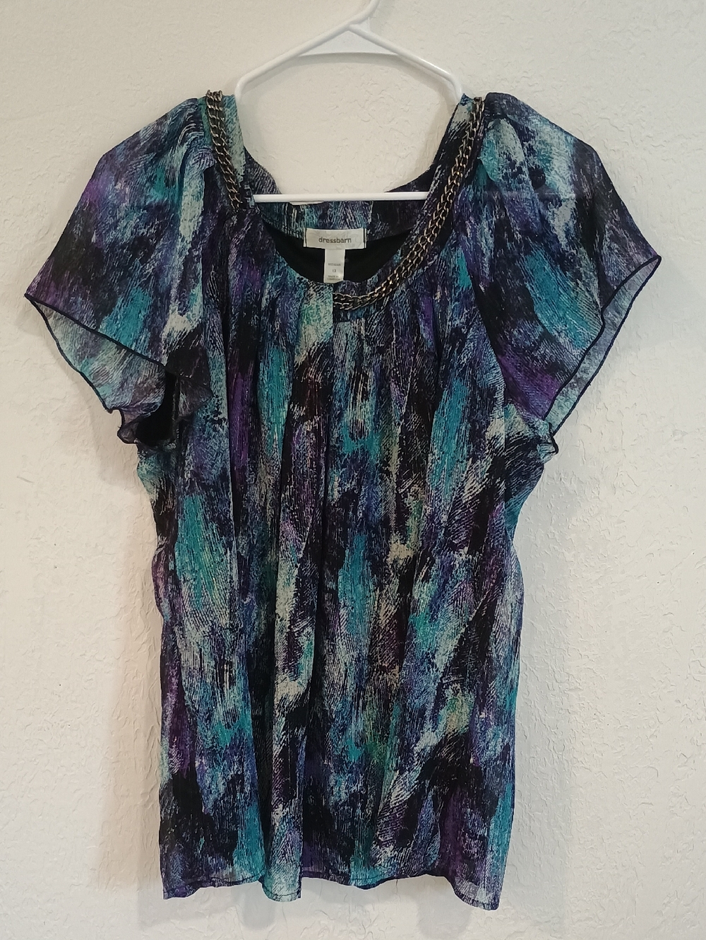 dressbarn Teal & Purple Chain-Trim Flutter Sleeve Blouse